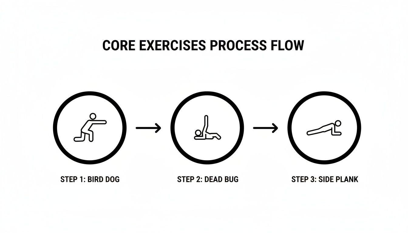 A process flow diagram illustrating three core stability exercises: Bird Dog, Dead Bug, and Side Plank.
