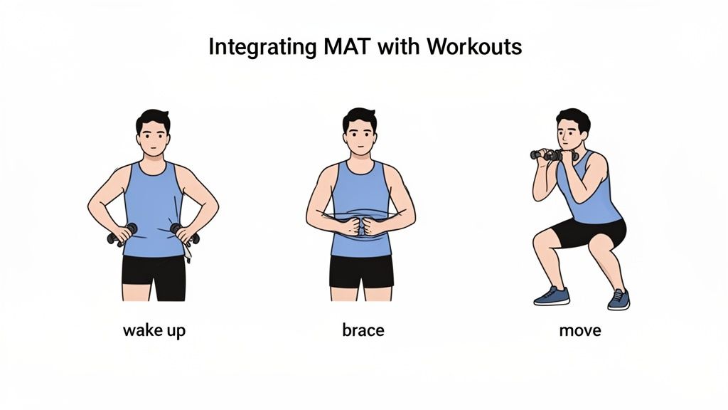 An illustration demonstrating three steps to integrate Muscle Activation Technique (MAT) into workouts: wake up, brace, and move.