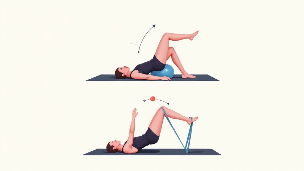 Woman doing pilates exercises: leg lift on stability ball and hip bridge with resistance band.