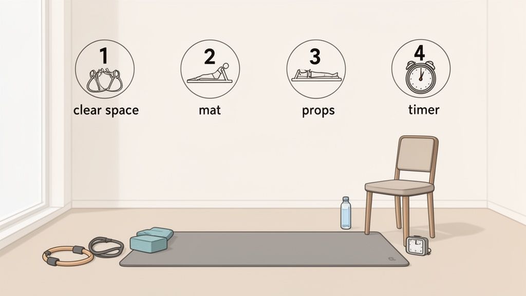 A clear space set up for a workout, featuring a mat, blocks, resistance bands, and a timer.
