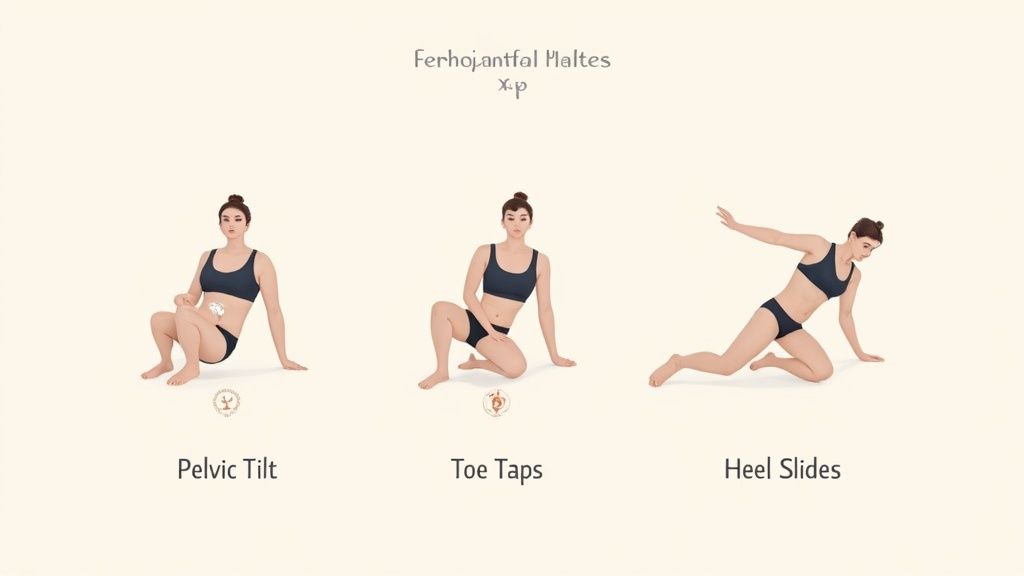 Three prenatal exercise demonstrations showing pelvic tilt, toe taps, and heel slides for pregnancy fitness