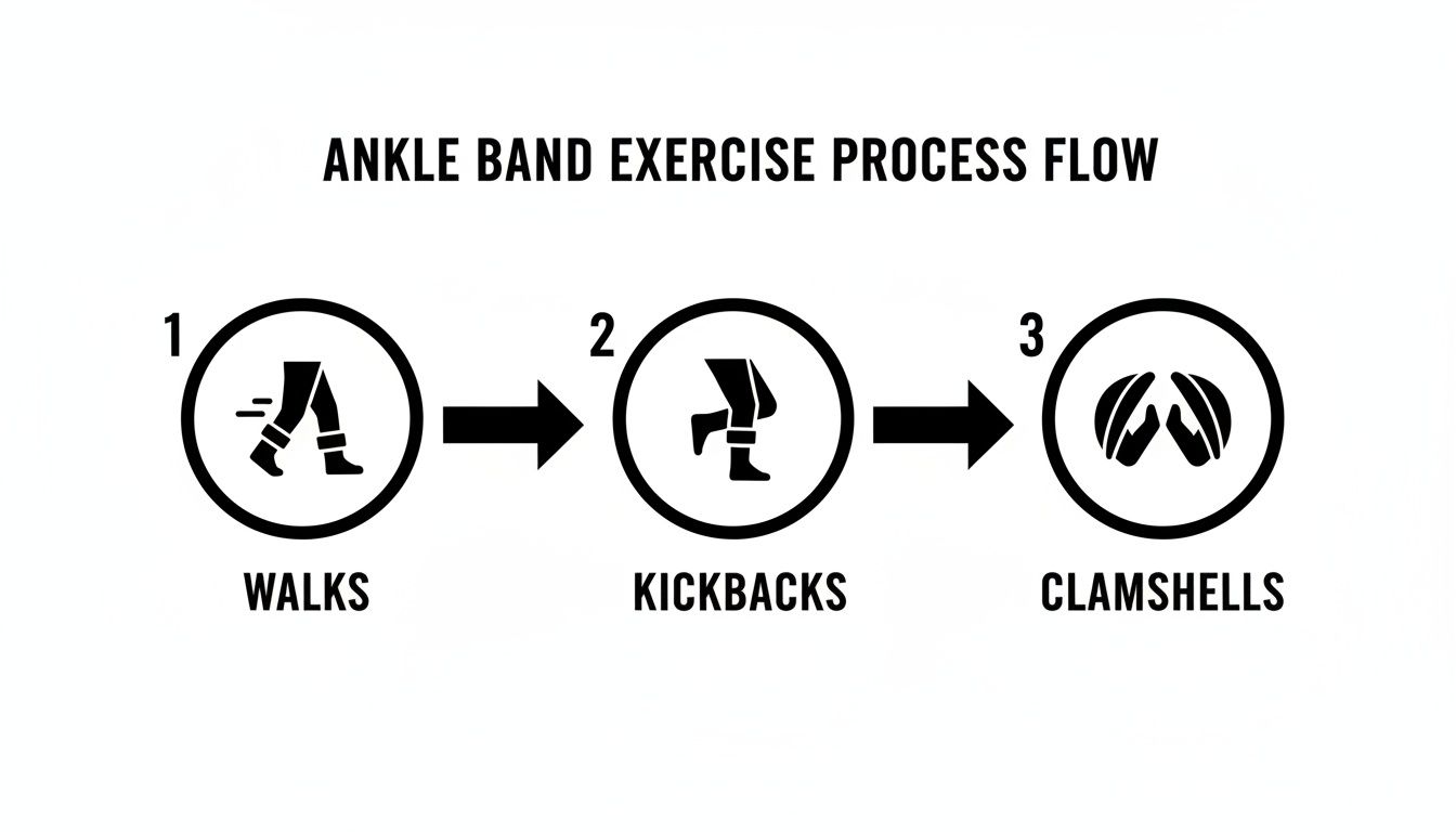 An infographic showing a three-step ankle band exercise process: walks, kickbacks, and clamshells.