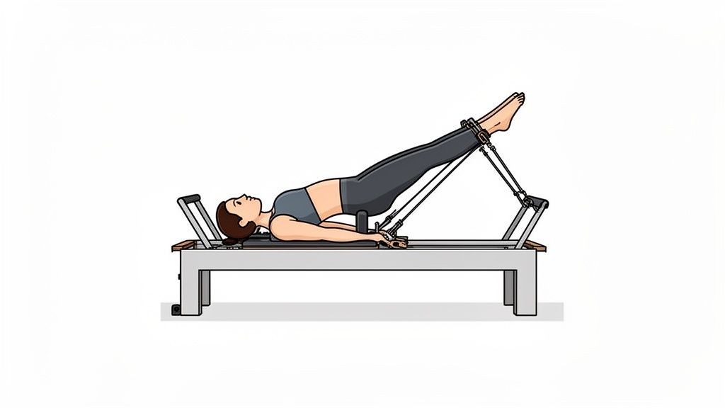 A woman lies on a Pilates reformer, performing an exercise with leg straps and lifted hips.