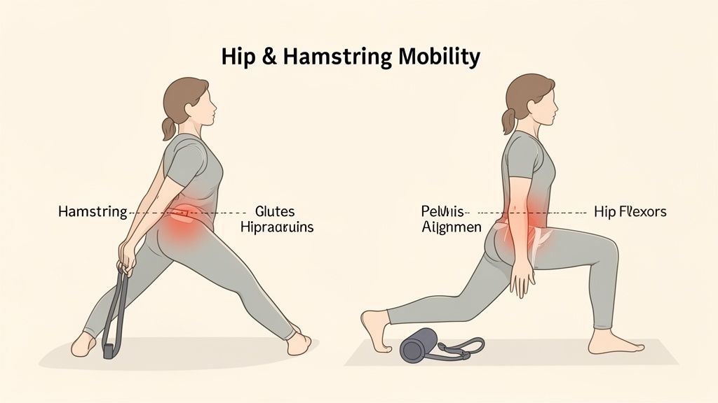 Two illustrations show a woman performing stretches for hip and hamstring mobility, highlighting hamstrings, glutes, hip adductors, and hip flexors.