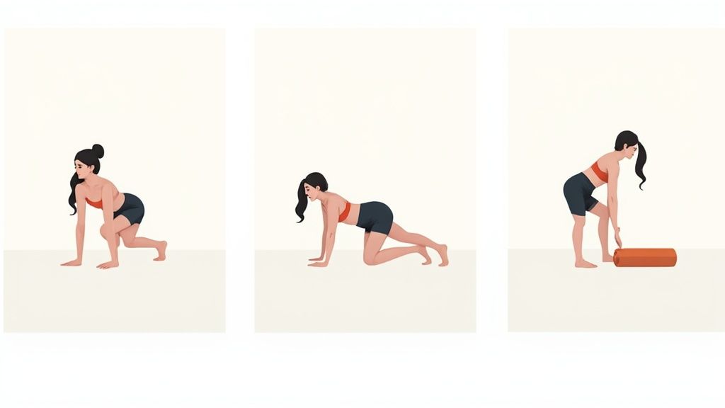 A woman demonstrates a three-step workout sequence including bear crawls and foam rolling.