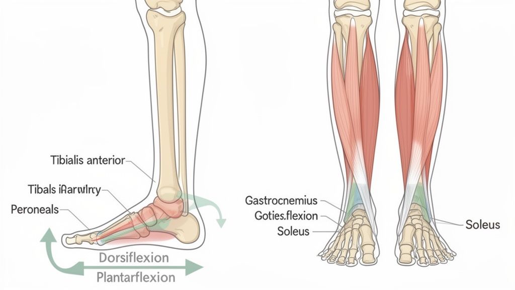 Anatomical diagrams of human lower leg and foot showing muscles, bones, and movements.