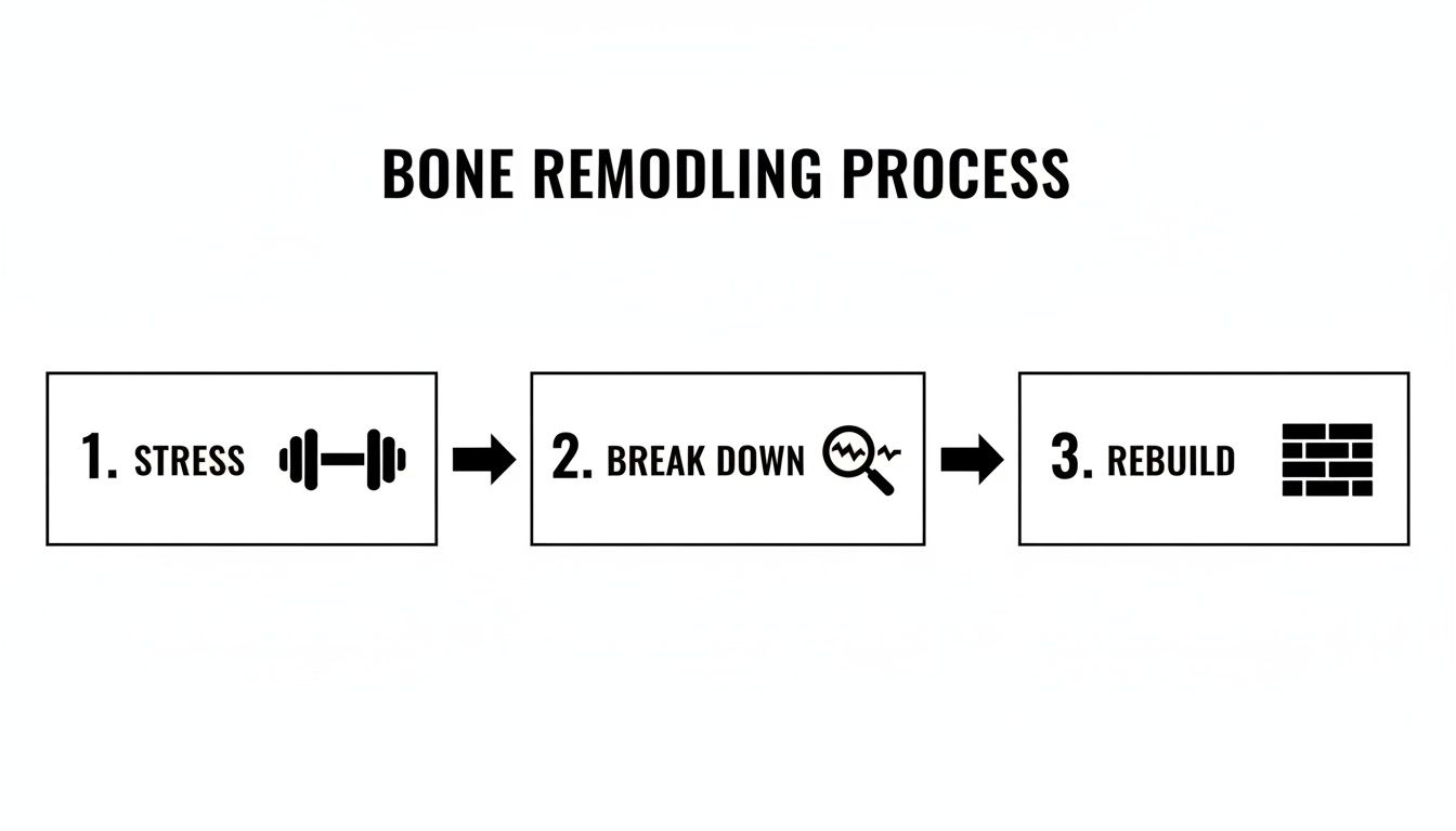 A diagram illustrating the bone remodeling process, showing steps: stress, break down, and rebuild.