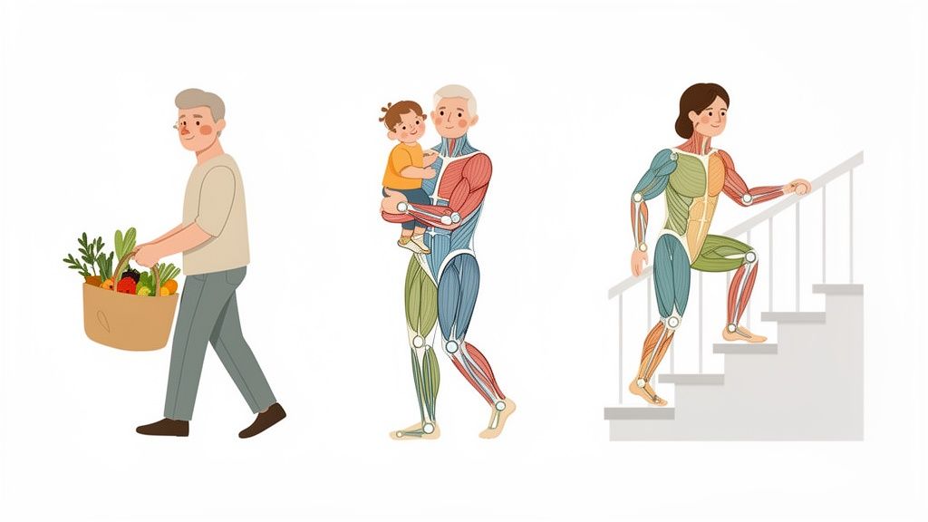 Illustrations showing functional fitness: man carrying groceries, man holding child with highlighted muscles, and woman climbing stairs with highlighted muscles.