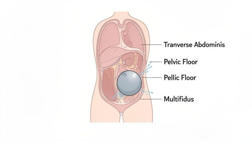 Anatomical diagram of a human torso with a pilates ball engaging core muscles: Transverse Abdominis, Pelvic Floor, and Multifidus.