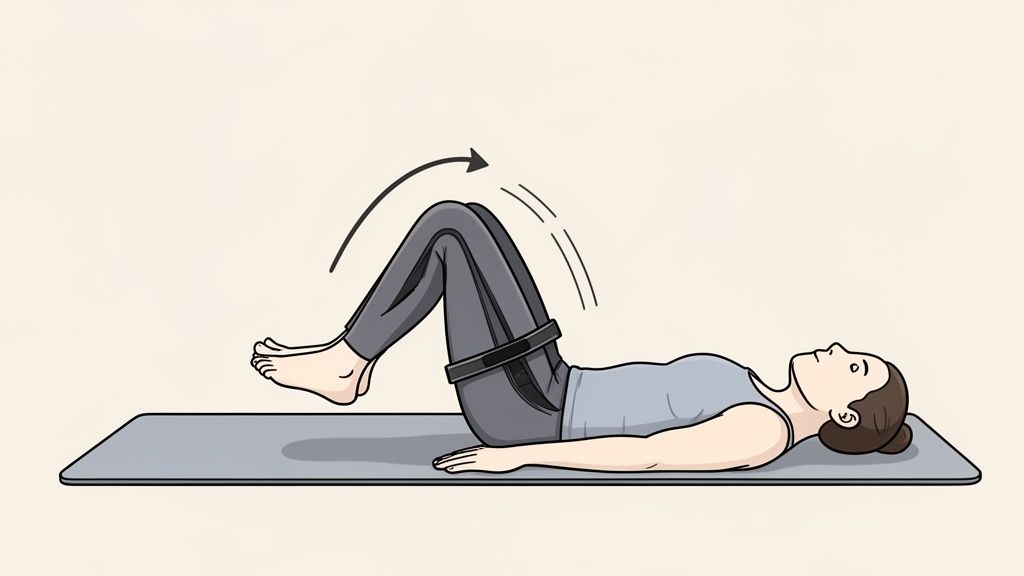 A woman on a mat performing a hip mobility exercise with a resistance band, lifting bent legs.