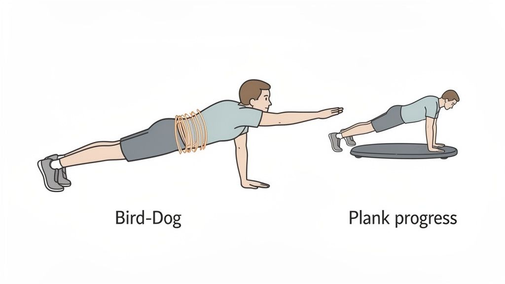 Illustrations demonstrating two core stability exercises: Bird-Dog with arm extension and a plank on a balance board.