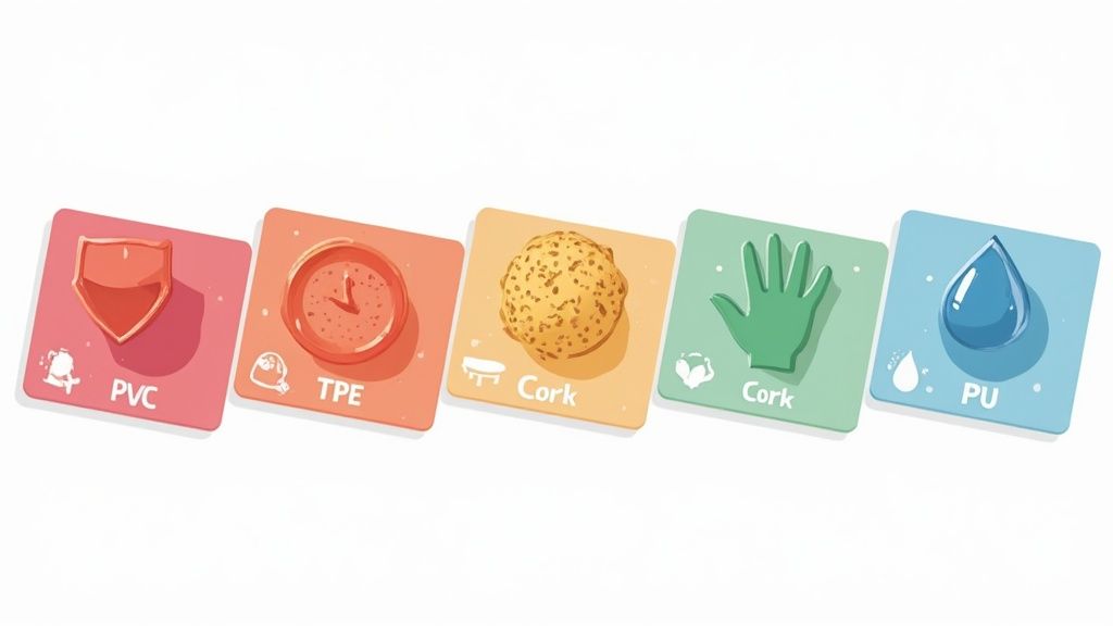 Five colorful cards displaying different yoga mat materials including PVC, TPE, Cork, and PU options