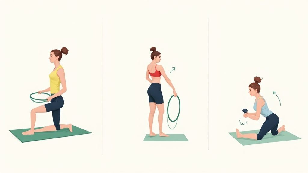 Woman performing a Pilates-inspired workout at home with her equipment.