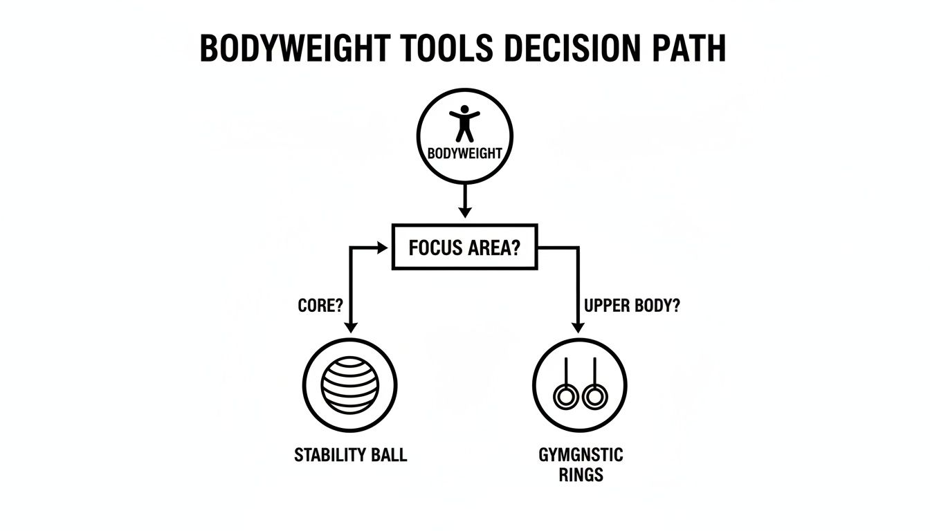A flowchart titled 'Bodyweight Tools Decision Path' showing choices between a stability ball and gymnastic rings.
