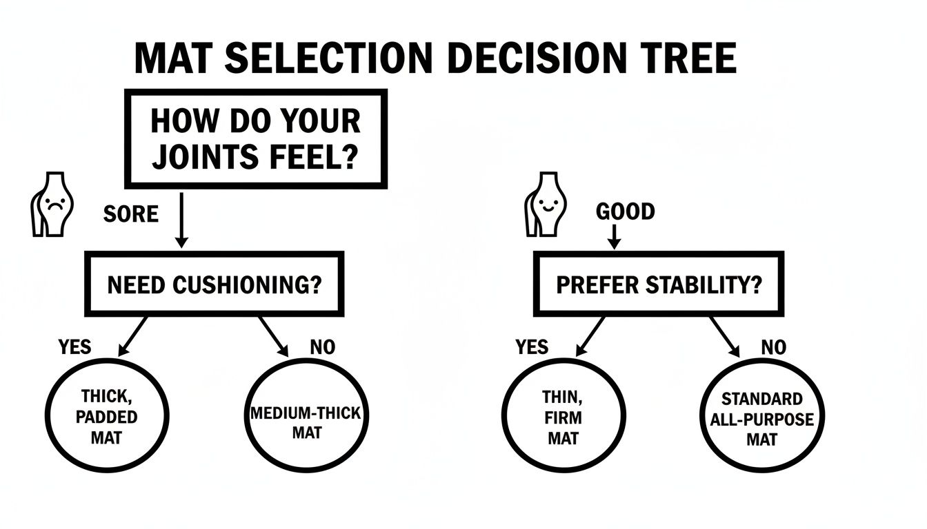 Decision tree for selecting the right mat based on how joints feel and preference for stability.