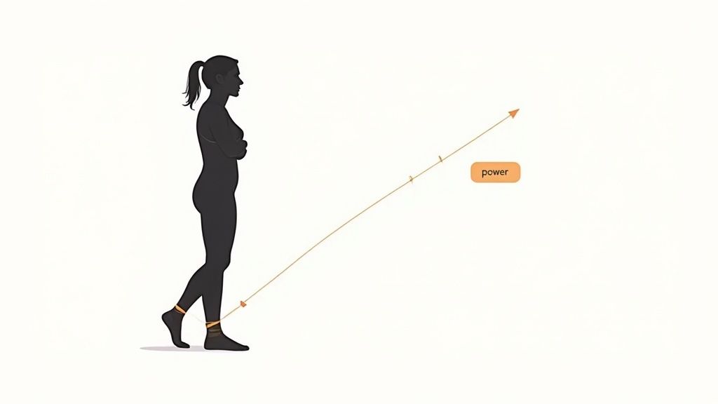 Silhouette of a woman with ankle resistance bands, illustrating power generation during exercise.