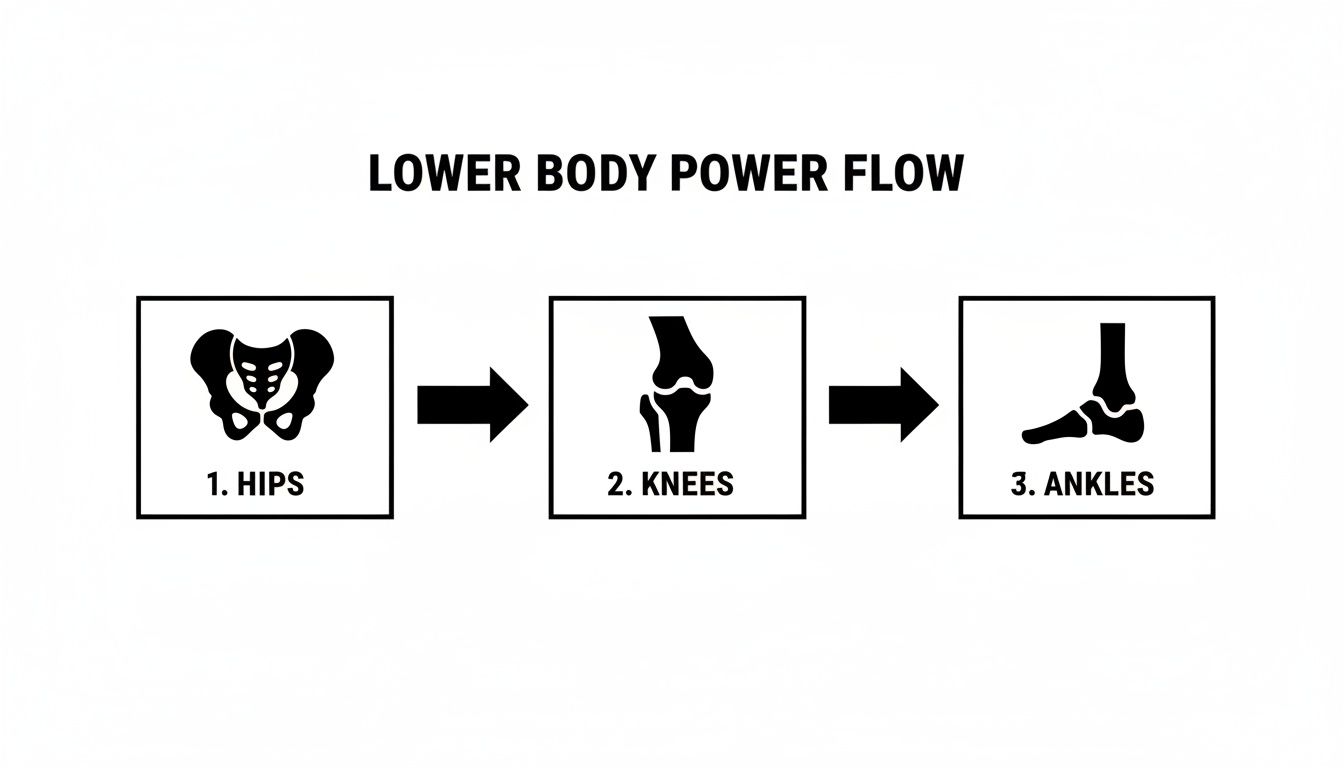 A visual diagram illustrating the sequential flow of power through hips, knees, and ankles.
