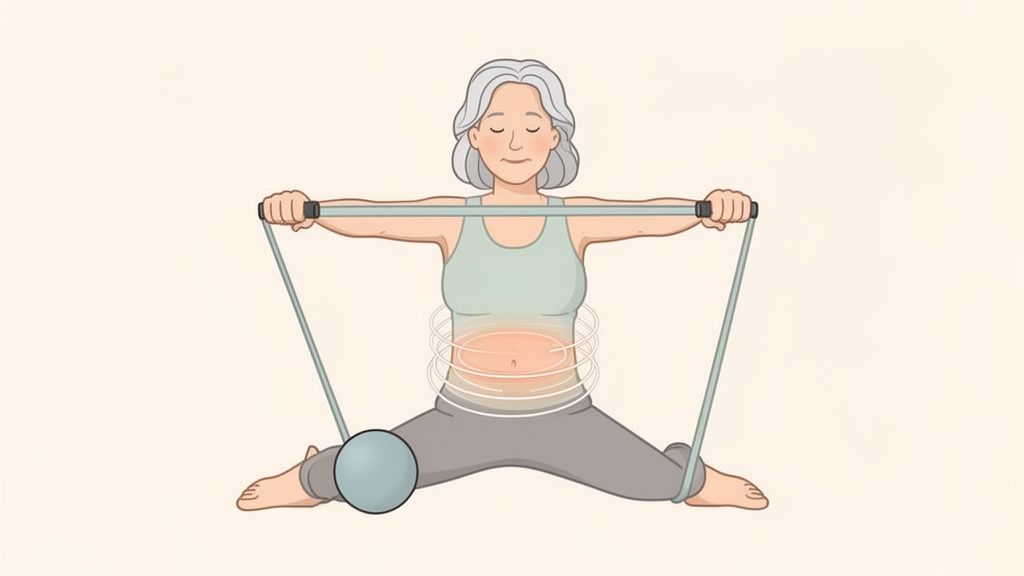 Elderly woman performing core exercise with a resistance band and ball on the floor.