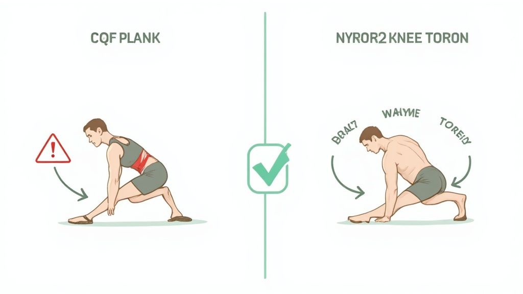 An illustration comparing incorrect (left) and correct (right) form for a lunge or hip flexor stretch.