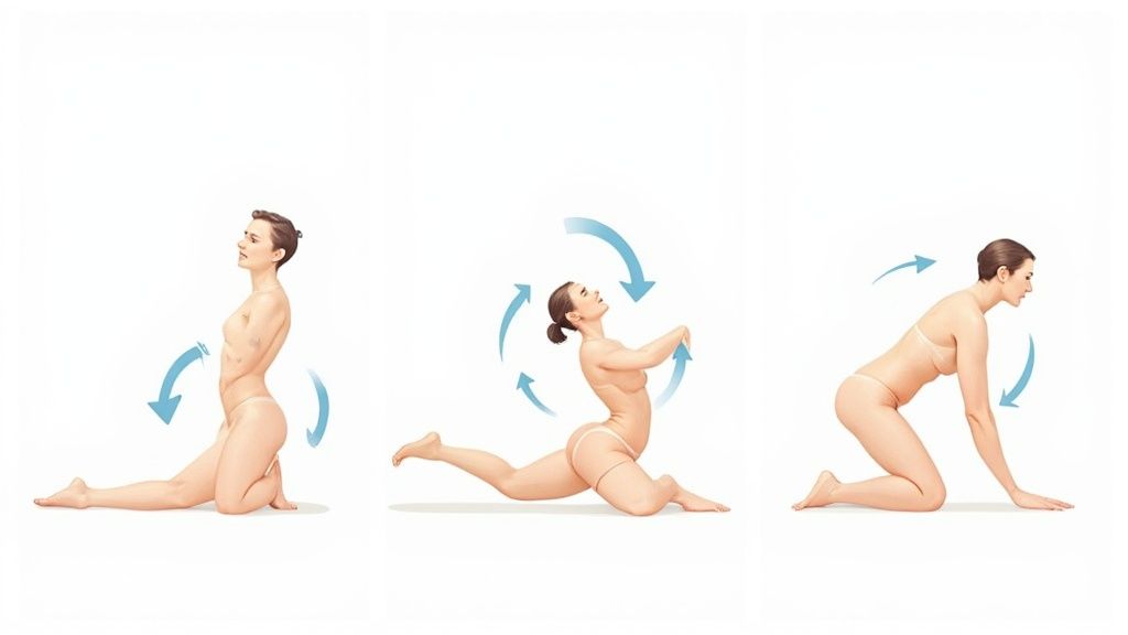 A woman performing a Pilates exercise on a mat at home, showing controlled and precise form.