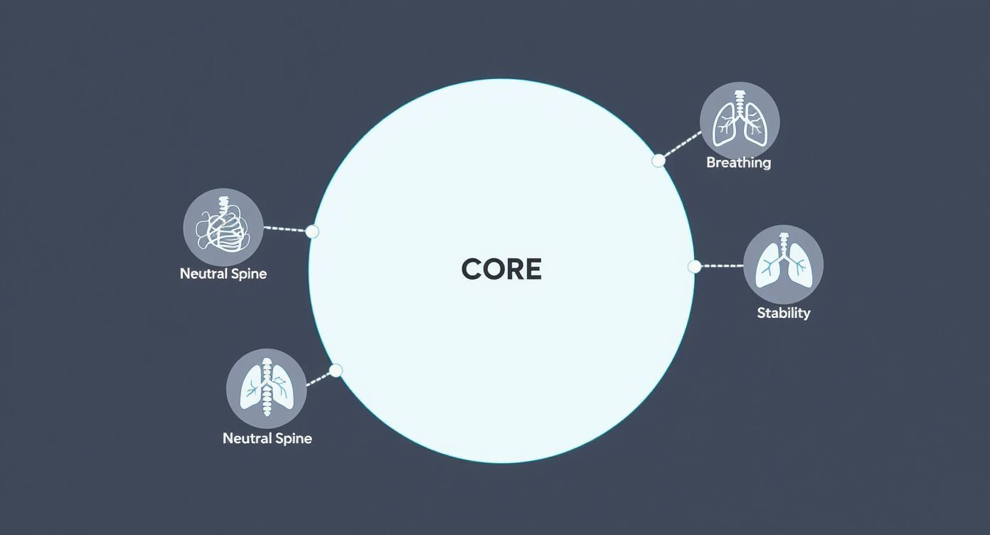 A diagram illustrating the interconnected components of core strength: neutral spine, breathing, and stability.