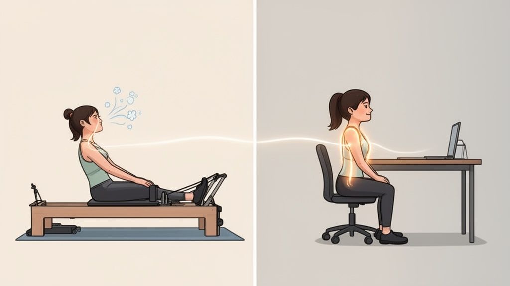 Pilates exercise enhances posture, visible as a woman works on a reformer and then at a desk.