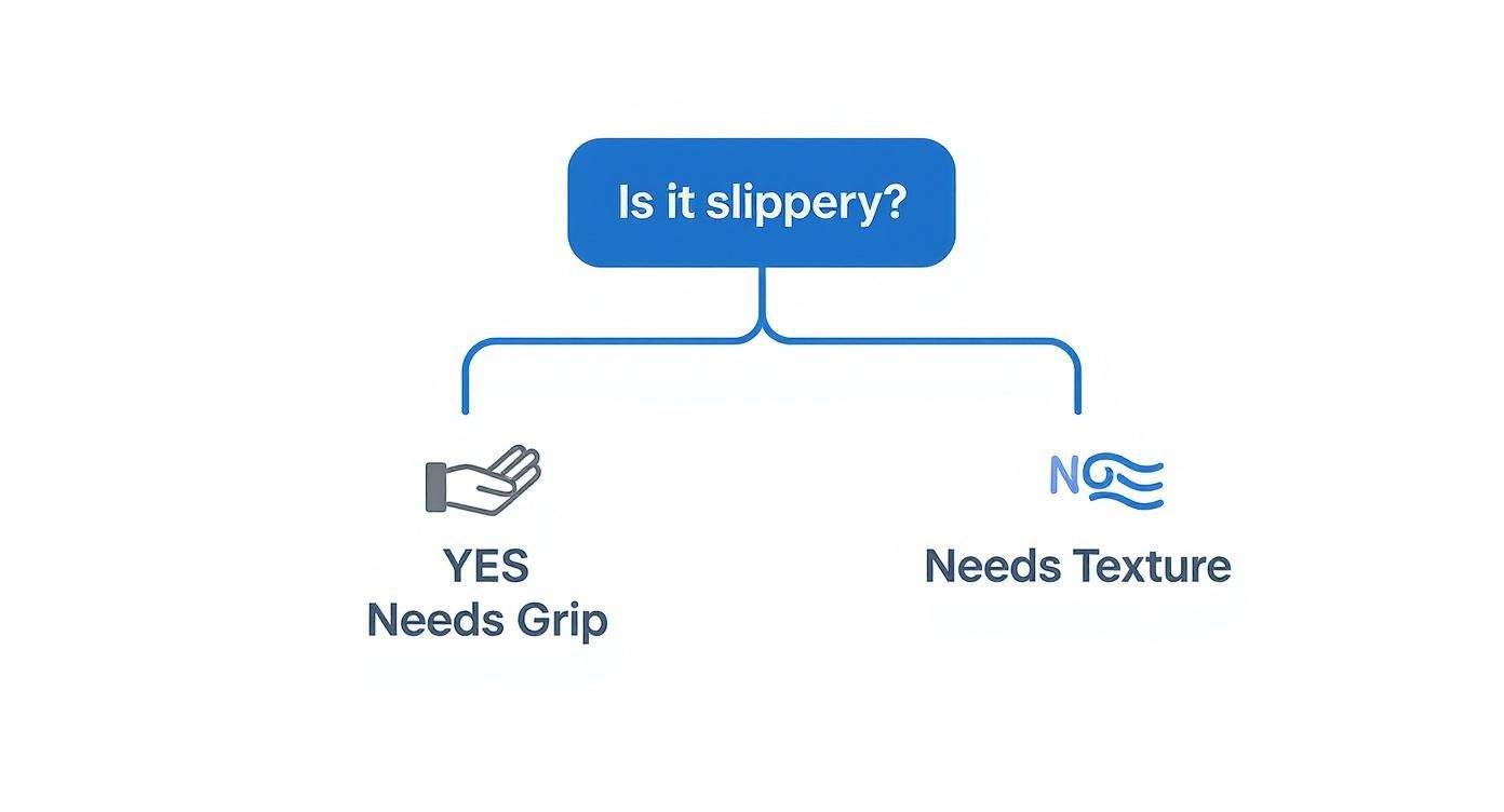 Decision tree flowchart showing slippery surface assessment requiring grip versus texture for exercise mats