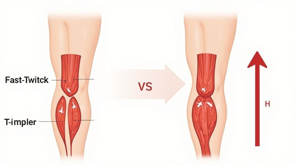 Diagram comparing leg muscles, showing 'Fast-Twitch' and 'T-impler' types versus a state of muscle hypertrophy indicated by 'H'.