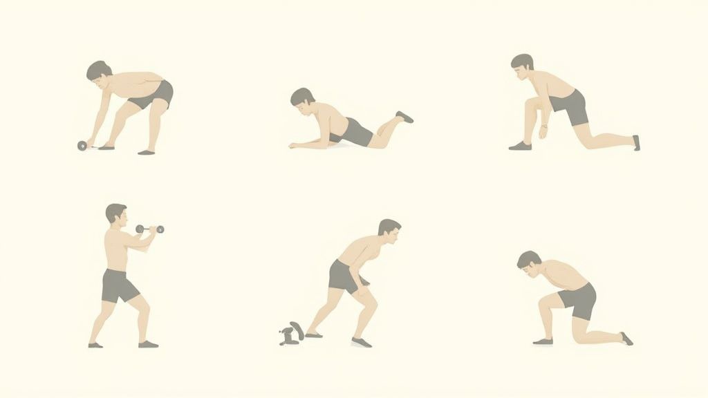 A series of six diagrams illustrating different functional strength and bodyweight exercises.