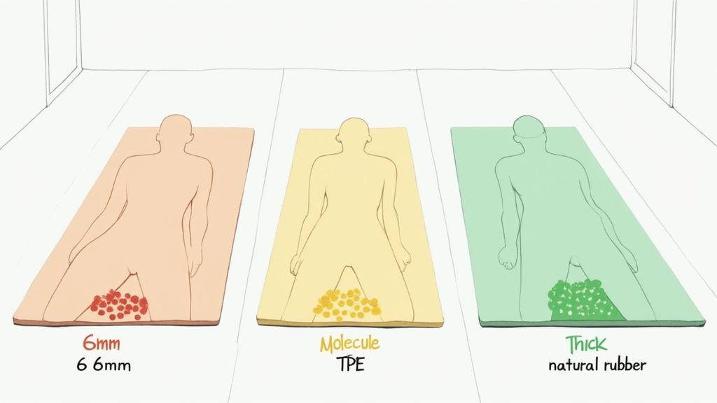 Three yoga mats with human silhouettes demonstrate different thicknesses and materials, indicated by colored beads.