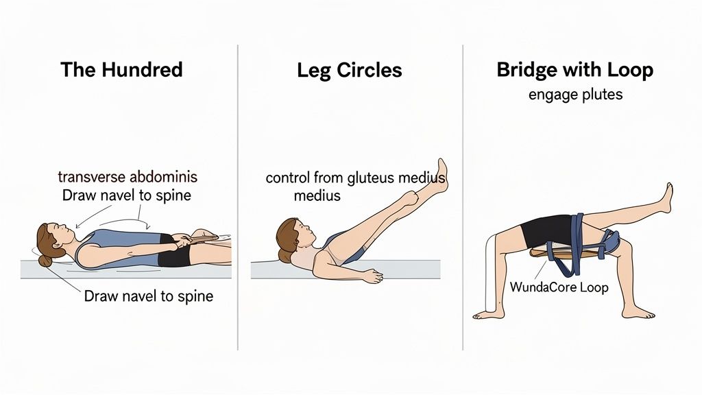 Three illustrations show Pilates exercises: The Hundred, Leg Circles, and Bridge with Loop, detailing core and glute engagement.