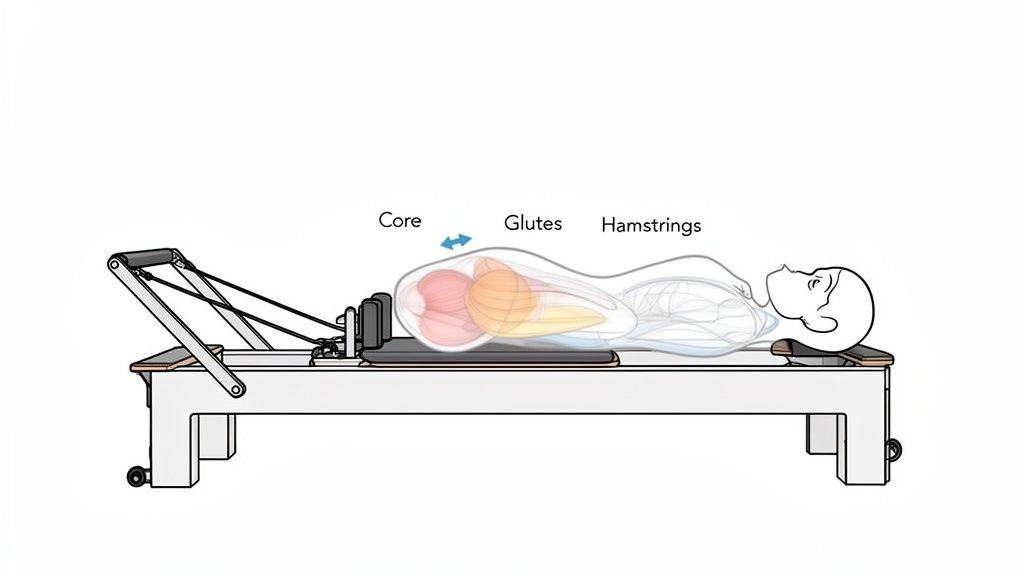Diagram of a person lying on a Pilates reformer, highlighting core, glutes, and hamstrings.