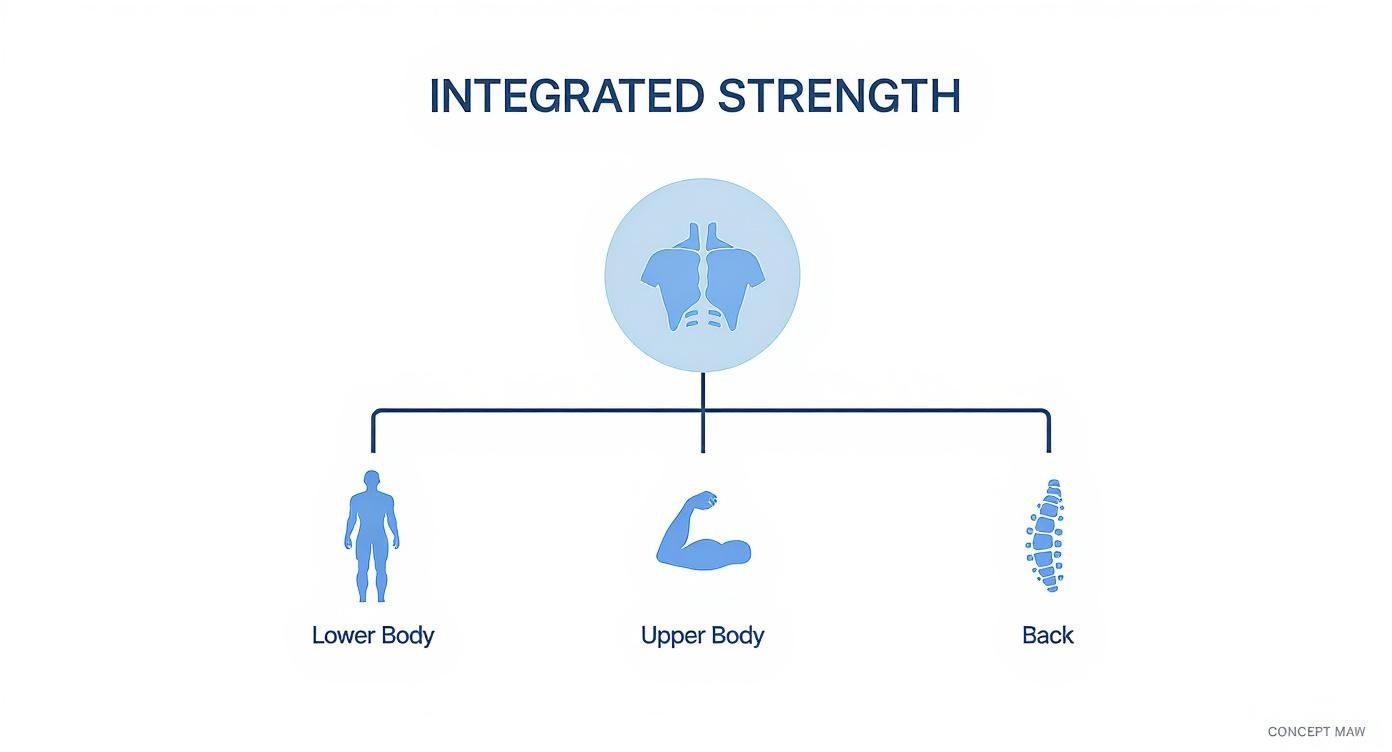 Diagram illustrating integrated strength components: lower body, upper body, and back connected to the core.