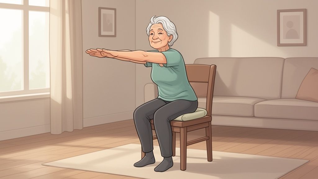 An elderly woman sits on a chair, smiling while doing arm exercises in a bright living room.