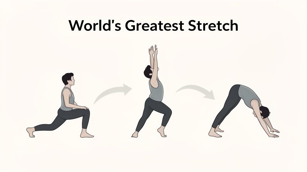 Illustration of a person performing three steps of the World's Greatest Stretch, demonstrating hip mobility.