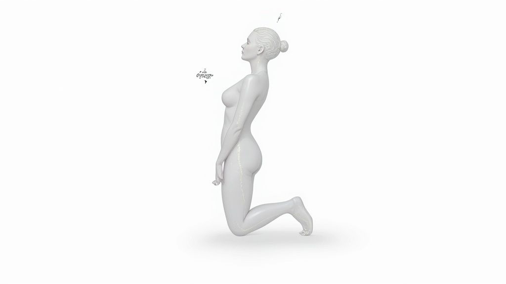 A white, artistic sculpture of a female figure kneeling, featuring subtle golden contours.