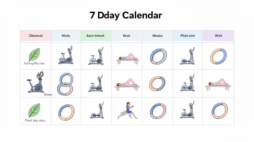 A 7-day calendar displaying various fitness activities, including elliptical machines, stretching, and progress rings.