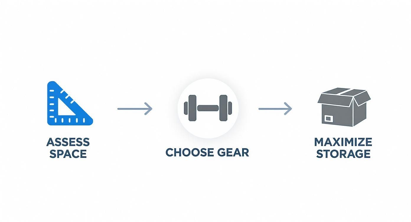 Flowchart showing three steps: Assess Space with a ruler, Choose Gear with dumbbells, and Maximize Storage with a box.