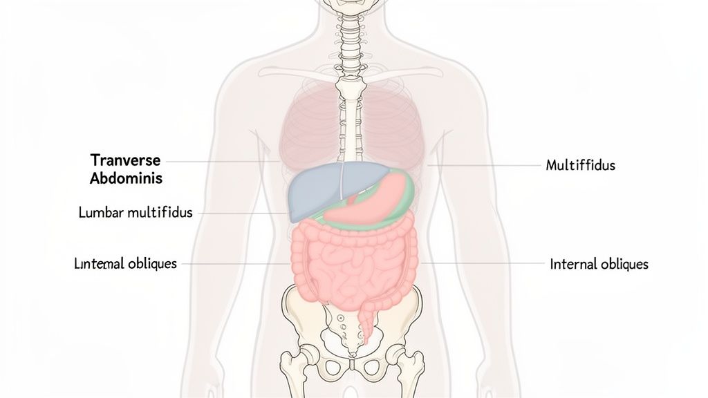 An anatomical diagram of the human torso displaying internal organs and labeled core muscles like Transverse Abdominis.