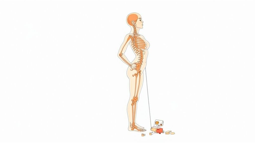 Side profile illustration of a female body with visible skeleton, demonstrating upright posture and a connection to floor objects.