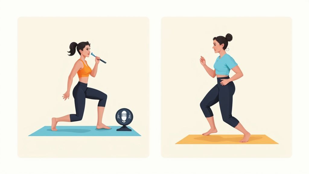 Illustration of two women exercising, one doing lunges with a microphone, the other jogging, on exercise mats.
