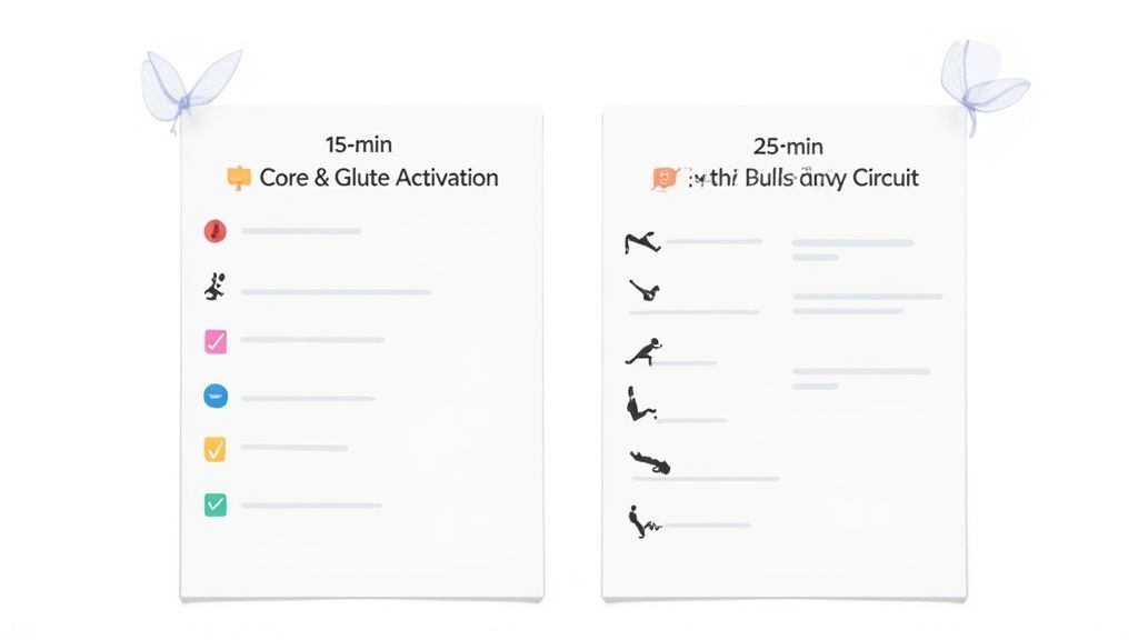 A person rolling out their yoga mat in a living room, preparing for a home workout.