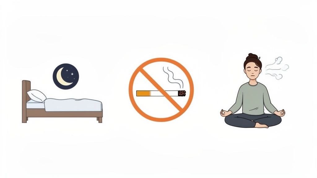 Illustration showing good sleep, no smoking, and meditation as healthy lifestyle habits.