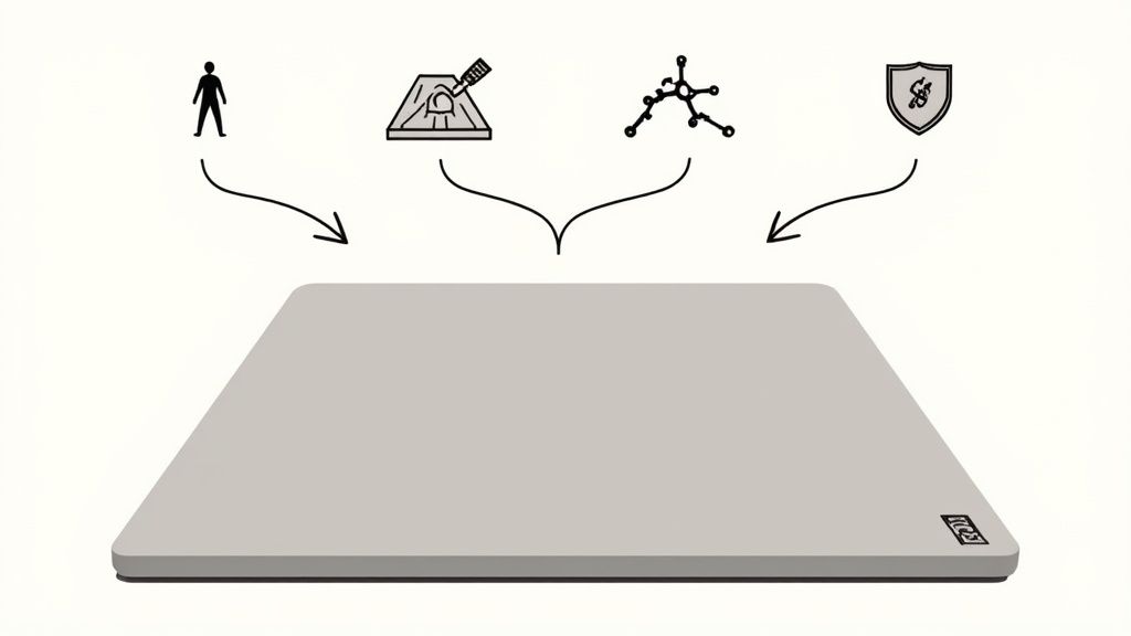 Icons for human, creation, science, and security point to a flat, light grey mat.