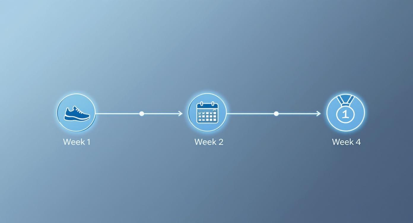 A fitness timeline showing a shoe for Week 1, a calendar for Week 2, and a medal for Week 4, illustrating progress.