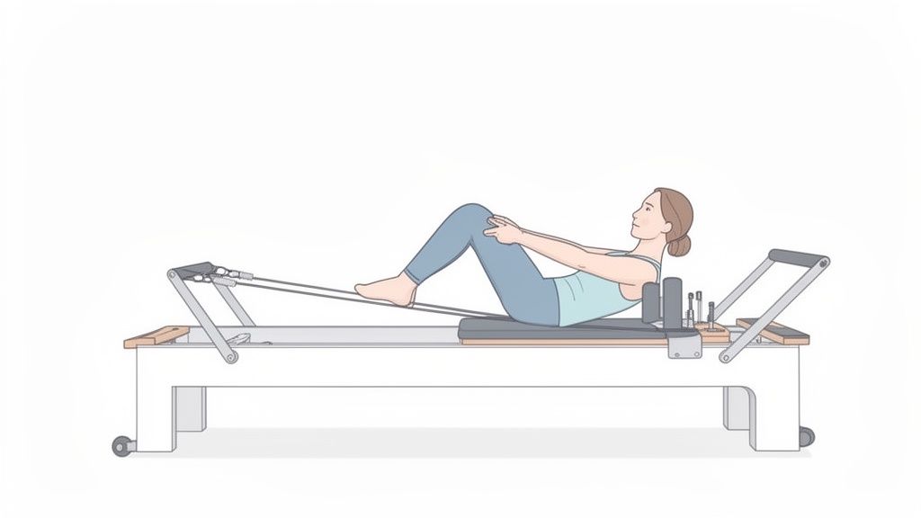 A woman lies on a Pilates reformer, performing a core exercise with bent knees.