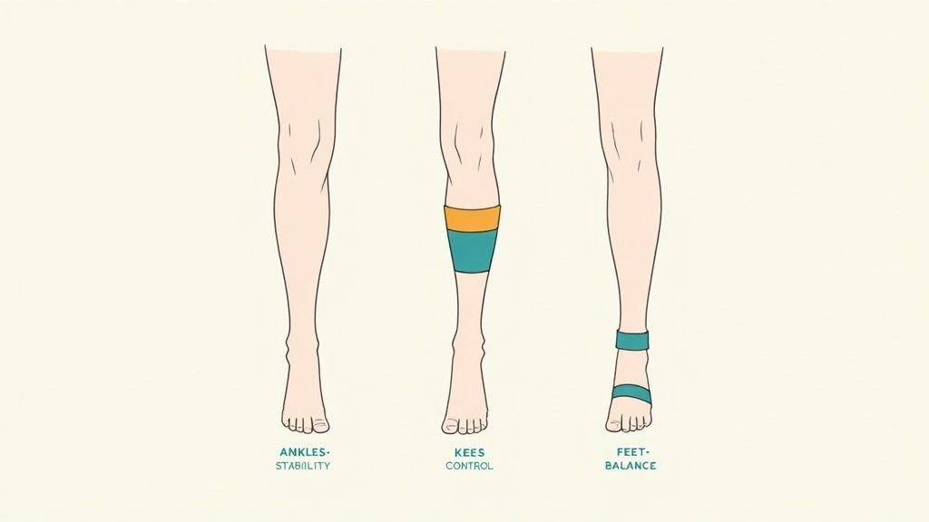 Three legs illustrate different colored bands for ankle stability, knee control, and foot balance exercises.