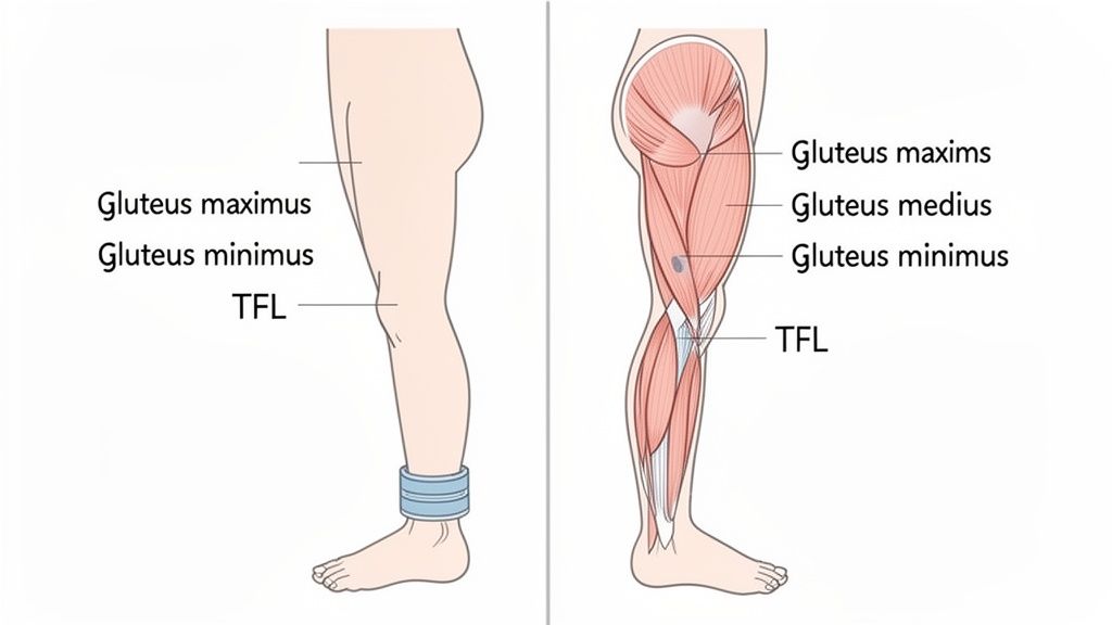 An anatomical illustration of a human leg showing gluteal muscles, TFL, and an ankle resistance band.