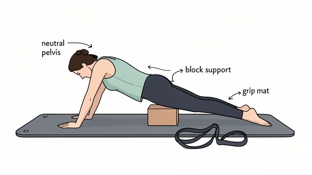 A woman performs a modified plank or Pilates exercise using a yoga block for pelvis support on a mat.