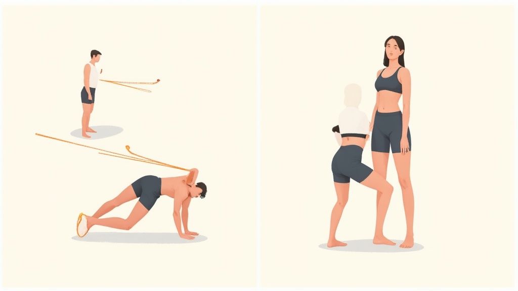 Two pairs of people demonstrate various resistance training exercises with bands and partner poses.